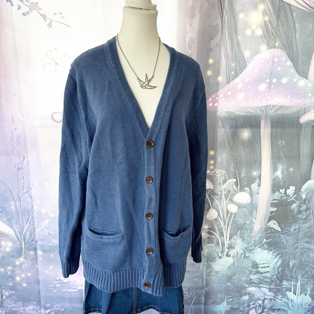 VTG 90s Lands End Cardigan Sweater Knit Large Blue Cotton Grandmacore Granny